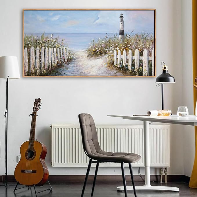 Ocean Wall Art for Living Room - Coastal Canvas Artwork for Walls, Vintage Landscape with Lighthouse, Farmhouse Beach Pictures, Framed Bedroom Wall Decor 24×48IN