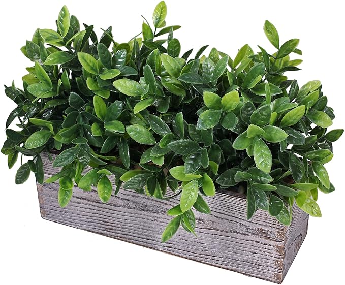Winlyn Artificial Eucalyptus Plant in Rustic Rectangular Wooden Planter Box Faux Potted Herb Plant Greenery Arrangement for Farmhouse Indoor Wedding Table Centerpiece Mantel Shelf Kitchen Decor