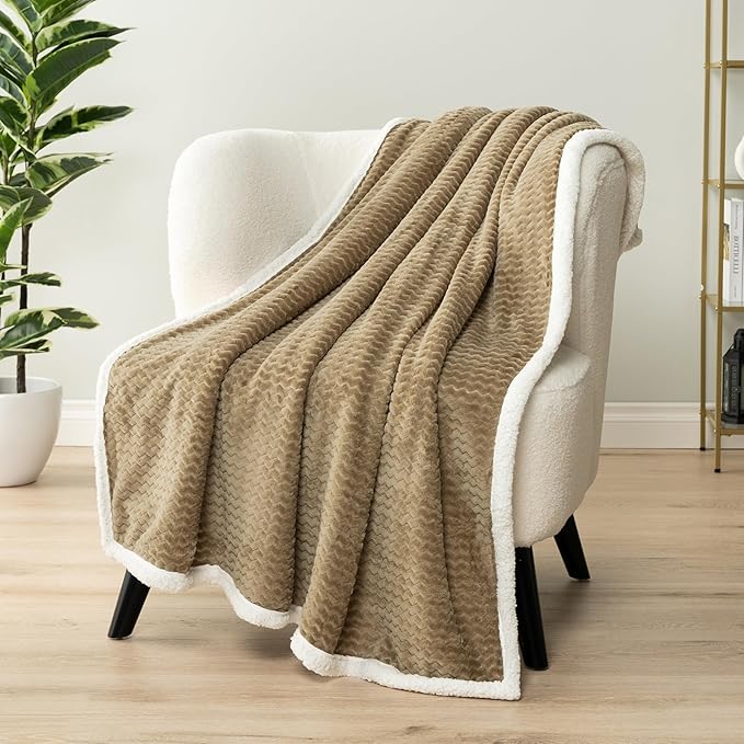 PAVILIA Tan Taupe Twin Bed Blanket Reversible Sherpa Chevron, Soft Cozy Jacquard Weave Textured Throw Sofa Couch, Thick Warm Large Fleece Car Blanket, Decorative Plush Home Decor, 60x80 Neutral Camel