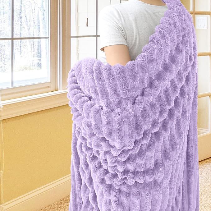 Vessia Flannel Fleece Throw Blanket for Couch,Sofa,Bed, 300GSM Striped Light Purple Throw Blanket for Adults and Kids, Super Soft Warm Cozy Lightweight Home Decor for All-Season(50x70inch)