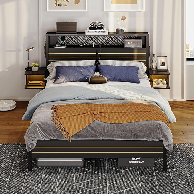 Bestier Queen Bed Frame with Horizontal Golden Stripe Storage Headboard&LED Nightstands, Metal Platform Bed with Charging Station, Heavy Duty Metal Slats, No Box Spring Needed, Noise Free(Matte Black)