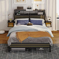 Bestier Queen Bed Frame with Horizontal Golden Stripe Storage Headboard&LED Nightstands, Metal Platform Bed with Charging Station, Heavy Duty Metal Slats, No Box Spring Needed, Noise Free(Matte Black)
