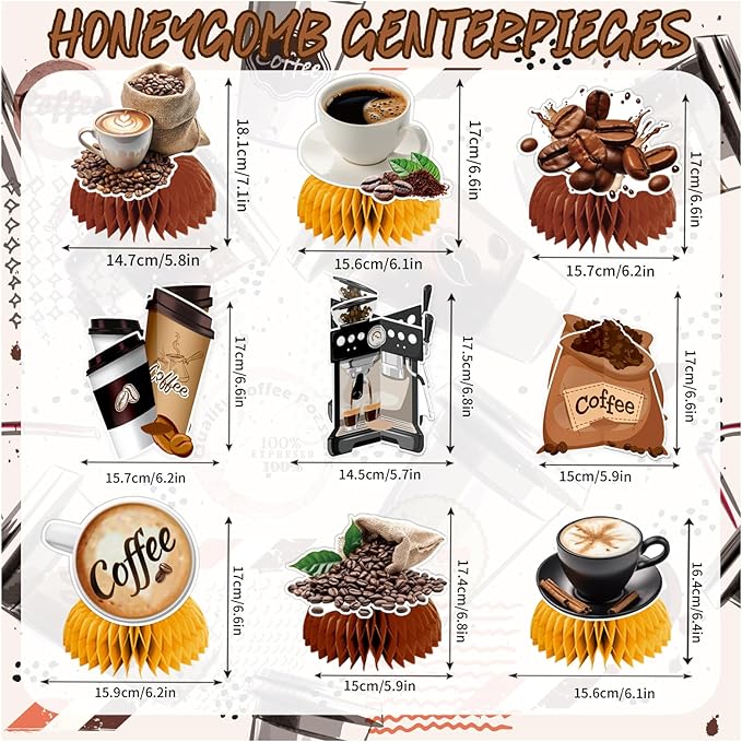 9 PCS Coffee Honeycomb Centerpieces Coffee Table Decorations Table Topper for Coffee Party Decorations Coffeehouse Birthday Party Supplies