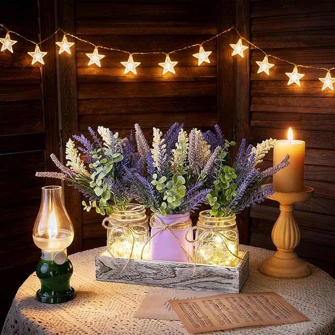 LUEUR Mason Jar Lights Centerpiece Table Decor with Wood Tray – 3 Lighted Glass Jars with Purple Lavender Flowers, Home Decoration for Dining Table, Coffee Table, Kitchen & Living Room