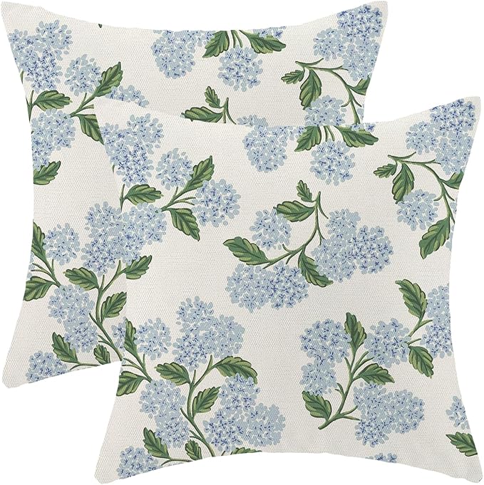 AEIOAE Spring Pillow Covers 16x16 Inch Set of 2, Green Blue Hydrangea Flower Throw Pillows Case,Floral Summer Outdoor Seasonal Decorative Farmhouse Decor Cushion Covers for Home Sofa Bed Couch