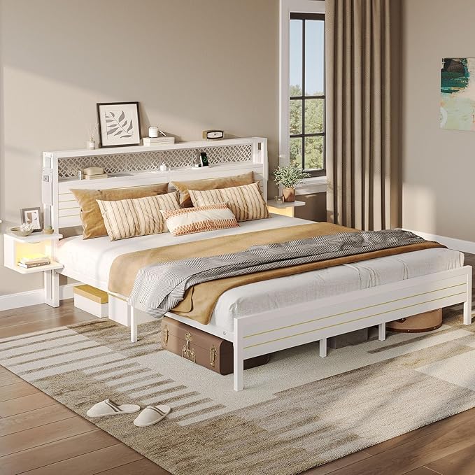 Bestier King Bed Frame with Horizontal Golden Stripe Storage Headboard&LED Nightstands, Metal Platform Bed with Charging Station, Heavy Duty Metal Slats, No Box Spring Needed, Noise Free(White)