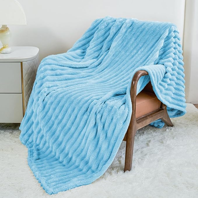 Comelady Light Blue Fleece Throw Blanket for Couch, Super Soft Lightweight Fuzzy Blanket for Couch Bedroom Home Decor, Cozy Fluffy Striped Blanket Gifts for Women Men Girls, 50"×60"