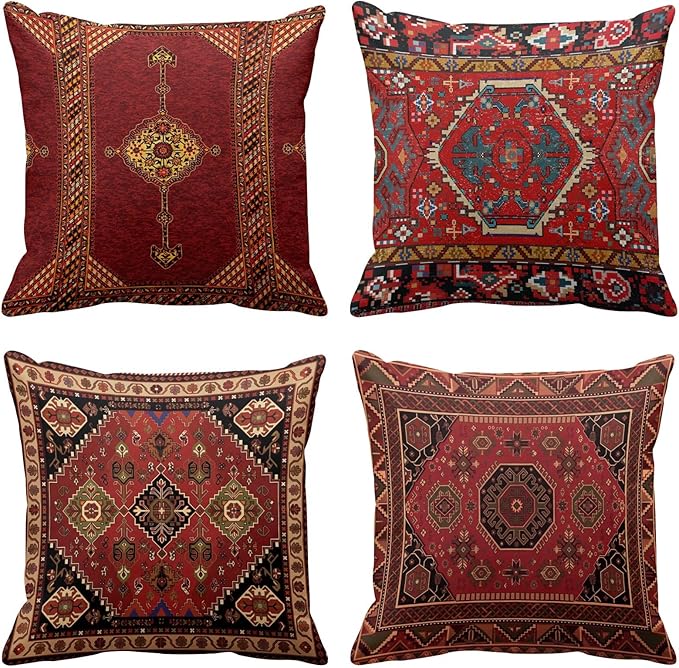 Britimes Throw Pillow Covers Geometric Kilim Moroccan Home Decor Set of 4 Oriental Ikat Pillow Cases Living Room Decorative 20 x 20 Inches Cushion Couch Sofa Pillowcases Colorful Red Tribal