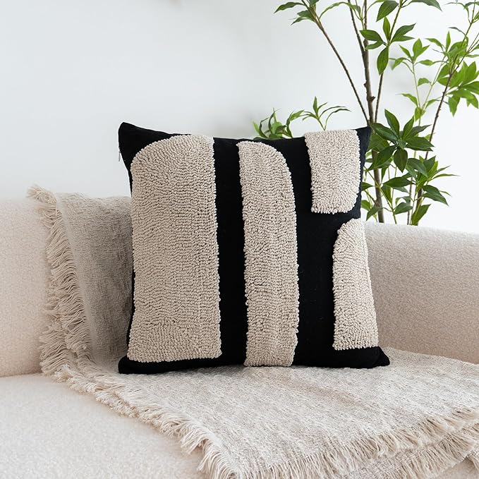Black Cream Boho Chunky Tufted Pillow Cover, Neutral Decorative Square Throw Pillow Case, Geometric Woven Modern Sham for Bed Couch Living Room, 18x18 inches, 1PCS