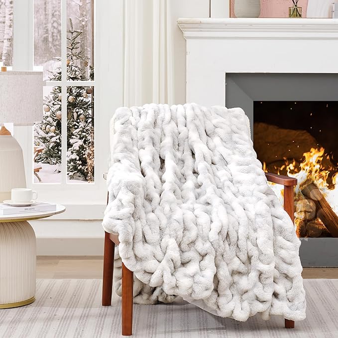 Touchat Ruched Faux Rabbit Fur Throw Blanket, 700 GSM Luxury Dual-Sided Soft Cozy Blanket, Fuzzy Fluffy Plush Blanket for Bed, Couch and Sofa - 50"x60", Tie-dye Gray