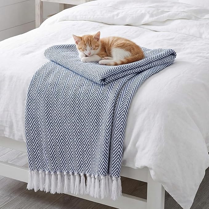 Americanflat 50x60 Throw Blanket - Soft and Breathable Cotton Throw Blanket for Couch, Bed, Chair - Decorative Blankets Perfect for Home, Office, or Outdoor Use - Blue and White Herringbone Design