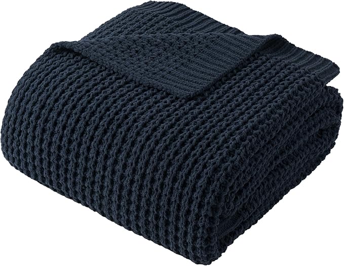 Bunnikins & Clover Navy Blue Throw Blanket for Couch, Knitted Blue Blanket Throw 50''x60'', Super Soft Waffle Navy Throws for Chair Sofa Home Decor