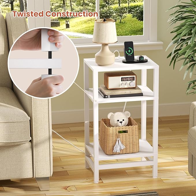 Side Table with Fast Charging Station, 3 Tier Tall End Table for Small Space, Narrow Side Table with Type C and USB Port, End Tables for Living Room Bedroom, Office, Nursery, White