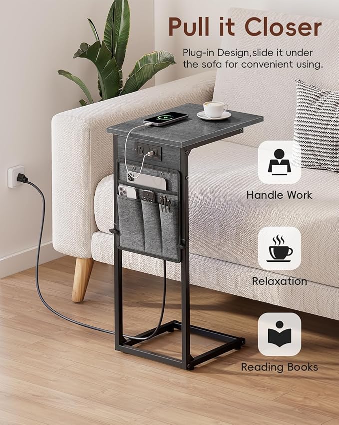 Vagusicc C Shaped End Table with Charging Station, C Table End Table Adjustable Height, Small Side Table for Couch, Sofa Table Slide Under Couch TV Tray Arm Table for Living Room, Bedroom, Gray Walnut