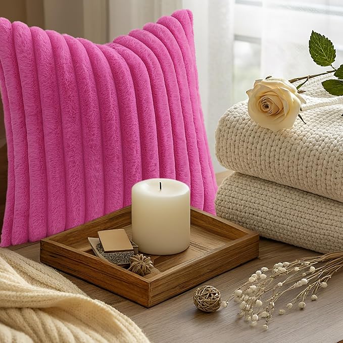 decorUhome Summer Cozy Faux Fur Throw Pillow Covers 20x20 Set of 2 Decorative Soft Plush Striped Modern Farmhouse Boho Couch Pillow Cases with Velvet Back for Sofa Bed Living Room, Hot Pink