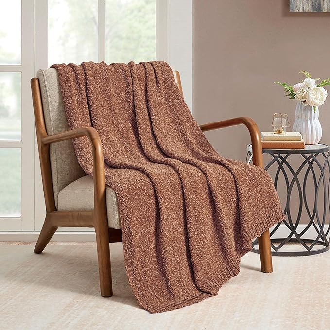 BOURINA Chenille Throw Blanket for Couch Sofa Chair Bed Home Decoration, Soft Warm Cozy Blanket for All Season（50" x 60", Coral）