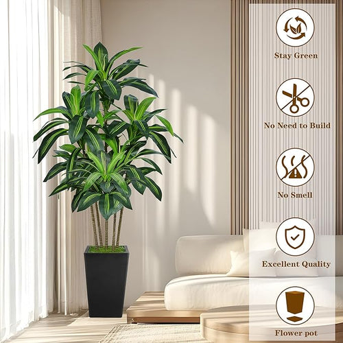 6FT Artificial Dracaena Tree, Fake Tree Indoor with Black Tall Planter,Tall Artificial Plants Indoor,Artificial Silk Tree for Home Office Decor (Black)