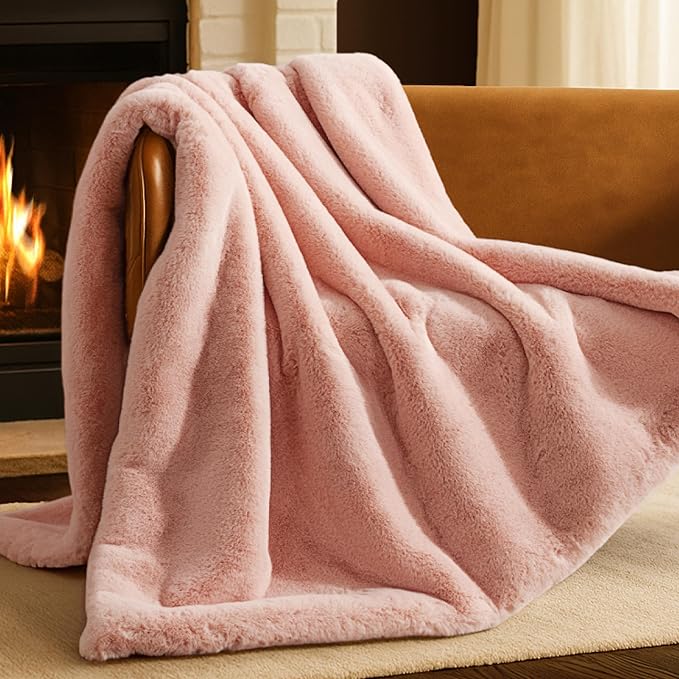 Bare Home Faux Fur Blanket - Ultra-Soft Luxurious - Cozy Warm Throw for Couch, Sofa, Chair, Bed - Fuzzy Fluffy Super Soft - Decorative Bed Blanket, 80x60 inches (Oversized, Blush)