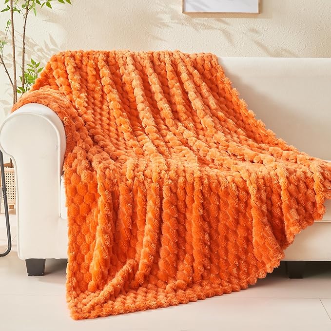 NEWCOSPLAY Super Soft Fall King Blanket Orange Premium Silky Flannel Fleece 3D Clouds Stylish Jacquard Lightweight Bed Blanket All Season Use 350GSM (Orange, King(90"x110"))