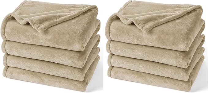 PHF Ultra Soft Fleece Blanket Queen Size, No Shed No Pilling Luxury Plush Cozy 300GSM Lightweight Blanket for Bed, Couch, Chair, Sofa, Perfect Decorations Gifts, 90" x 90", Khaki (Pack of 2)