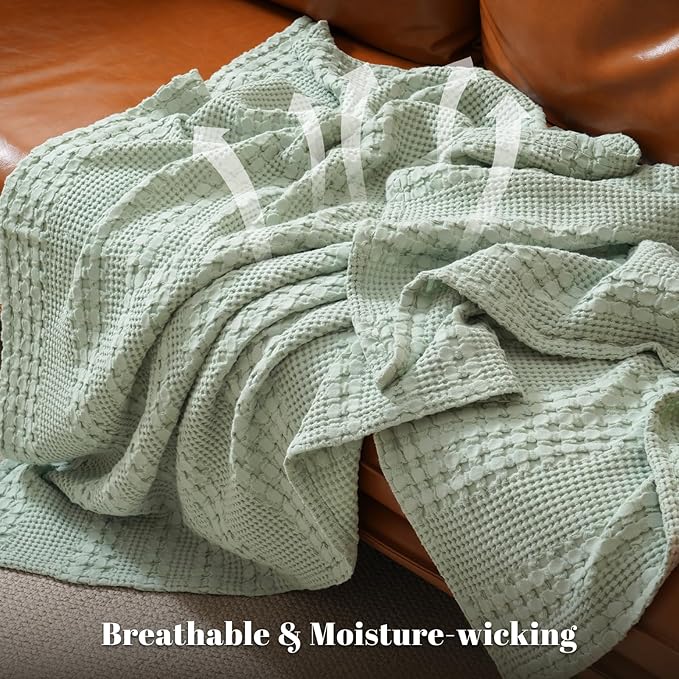 PHF 100% Cotton Waffle Weave Blanket Twin Size for Bed, Soft Lightweight & Breathable for Spring and Summer, All-Season Comfort, Luxury Aesthetic Blanket for Home Decor, 66"x90", Mint Green