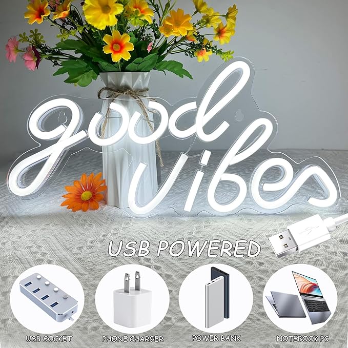 Good Vibes Neon Sign White Good Vibes Neon Lights USB Operated Aesthetic LED Signs for Bedroom Wall Decor Birthday Party Wedding Salon Bar Home Girl Cave