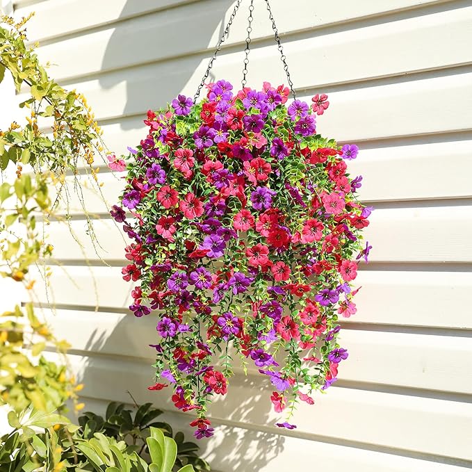 Artificial Flowers for Outdoors Spring Decor, 6 Bundles UV Resistant Realistic Fuax Silk Hanging Flowers, Fake Plants for Planter Indoor Outside Garden Porch Patio Balcony Yard(Fuchsia Purple)