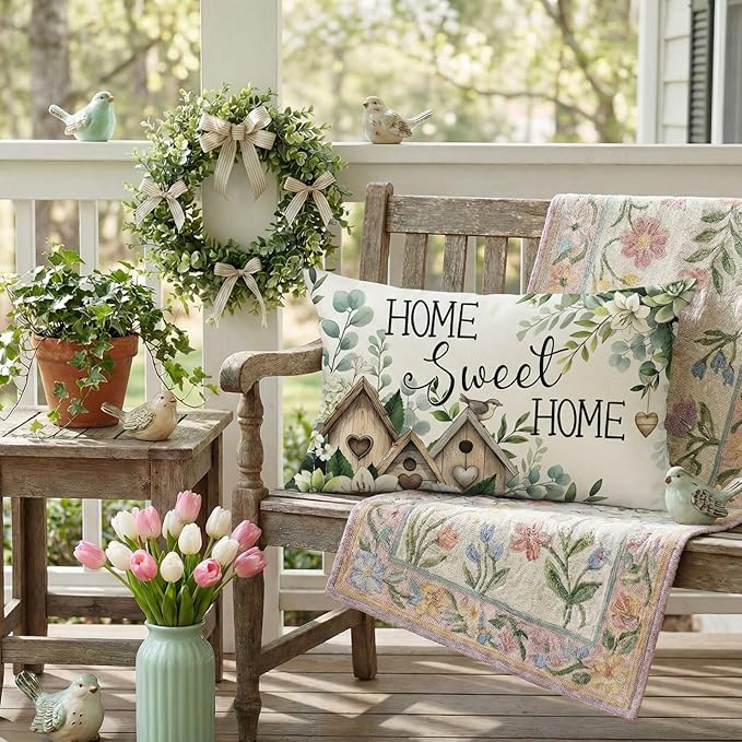 GEEORY Spring Home Sweet Home Pillow Cover 12x20 Inch, Farmhouse Birdhouse Eucalyptus Decor Throw Pillow Case for Sofa, Bedroom, Living Room