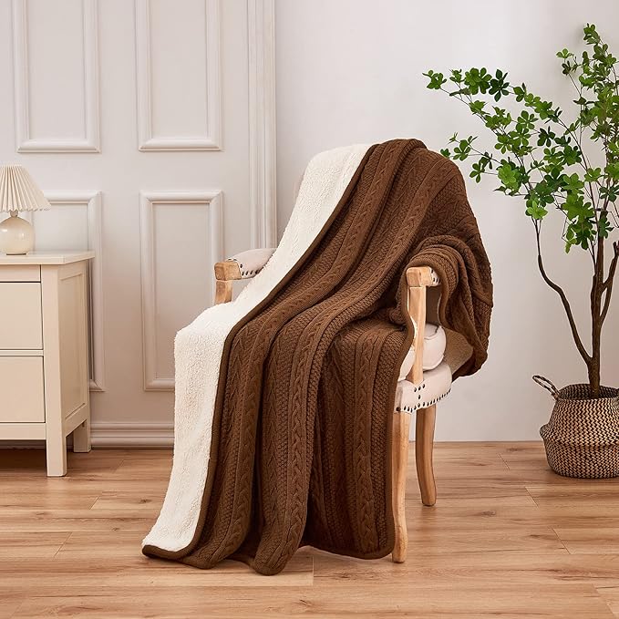 Longhui bedding Dark Brown Acrylic Cable Knit Sherpa Throw Blanket - Thick, Soft, Big, Cozy Dark Brown Knitted Fleece Blankets for Couch, Sofa, Bed - 50 x 63 Inches