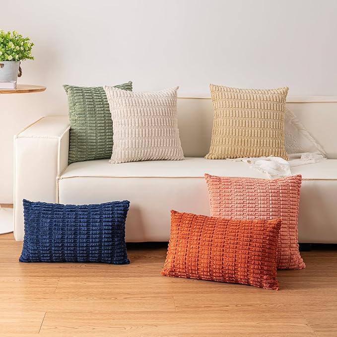 Aegero Pack of 2 Corduroy Decorative Throw Pillow Covers 18x18 InchSoft Boho Striped Pillow Covers Modern Farmhouse Home Decor for Sofa Living Room Couch Bed（Teal）