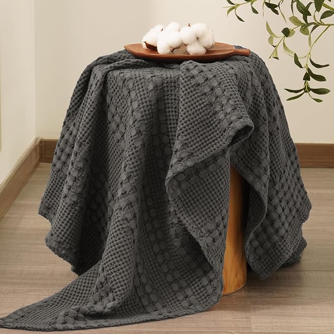 PHF 100% Cotton Waffle Weave Throw Blanket, Soft Lightweight Breathable Cozy Throws for Couch Bed Sofa, Luxury Aesthetic Blanket Gift for Home Decor & Office, 50"x60", Charcoal Grey