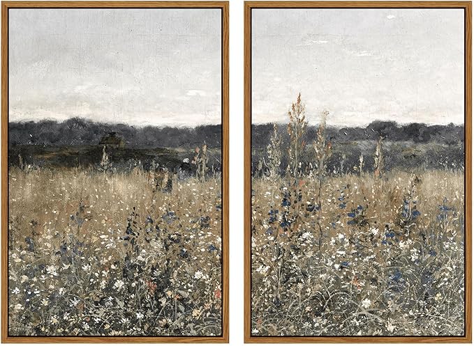 InSimSea 2 Pcs Framed Wall Art Vintage Landscape Decor, Meadow Scenery Paintings Above Bed Wall Decor, Canvas Prints, Living Room Bedroom Office Farmhouse Decorations, 16"x24" Set of 2