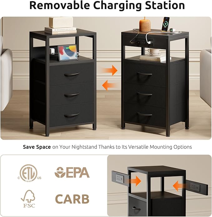 NightStand Bedside Charging Table Bedroom - Night Stand with Charger Station, Black Modern Bed Side End Table with Open Shelf & 3 Fabric Drawers, USB-C Port for Dorm, Living Room