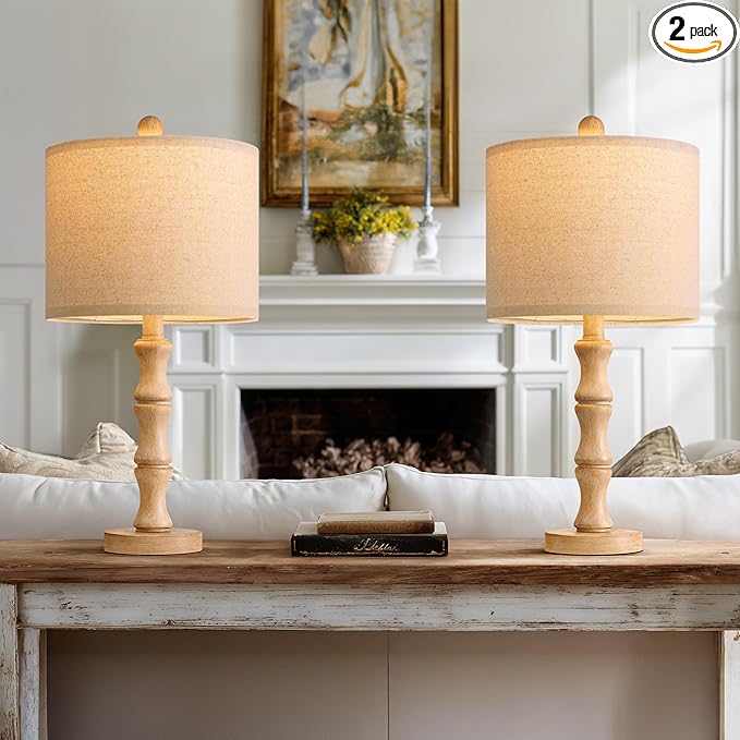 BOBOMOMO 20.5" Farmhouse Table Lamps Set of 2, Rustic Nightstand Lamps with Wood Grain Resin Base & Linen Shade, Small Bedside Lamps for Bedroom, Living Room, Apartment Side Table & Small Spaces