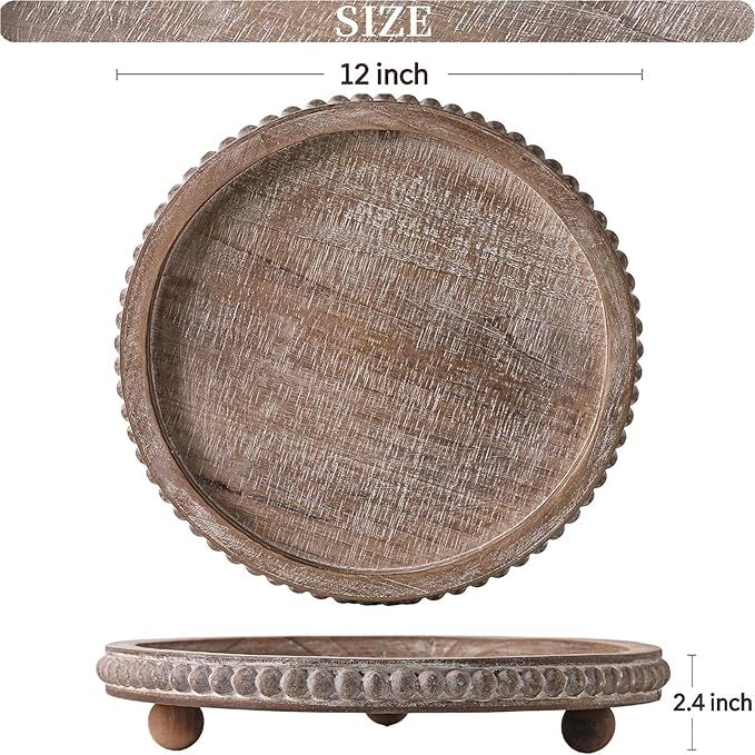 Wooden Coffee Table Tray Decor, Round Decorative Tray Brown Beaded Distressed Rustic Farmhouse Centerpiece for Dining Room Entryway Kitchen Counter Candle Holder Organizer