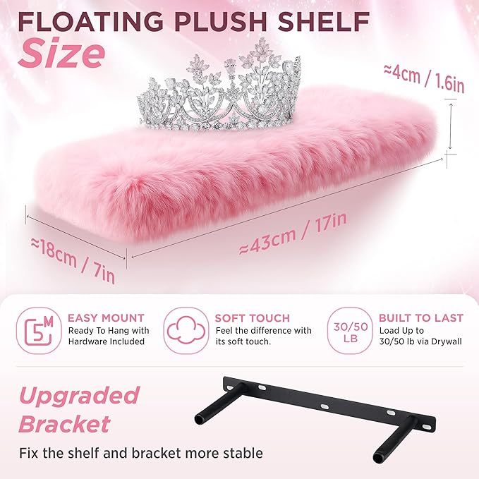 2 Pack Pink Floating Shelves for Wall, Wood Shelf with Fluffy Soft Pink Shag Cover,Wall Mounted Shelves for Bedroom, Living Room, Suitable for Storing Valuable Collectibles,Purses,Handbags,High Heels