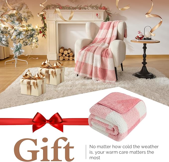 LURKA Checkered Sherpa Fleece Throw Blanket – Soft and Cozy, Medium Weight for All Season, Plush Throw for Couch, Bed & Pets, Powder Pink, 50x60 Inches