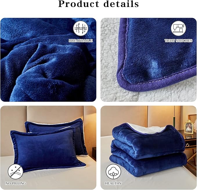 3-Layer Luxury Flannel Fleece Thick Bed Blanket Twin Size, Soft Plush Velvet Sherpa Blanket with 2 Pillow Shams Heavy Warm for Winter, Breathable n Washable, Navy Blue