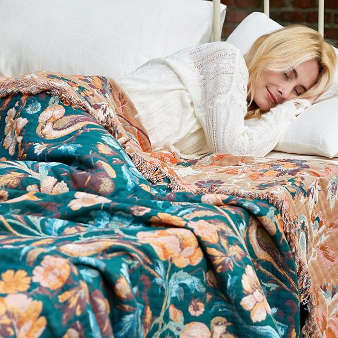 Boho Throw Blanket - 100% Cotton Ultra Soft Muslin Blanket, 50"x60" Lightweight Floral Bird Framhouse Bedding Spring Blanket for Bed, All Season Green Bohemian Bedroom Home Decor Quilt