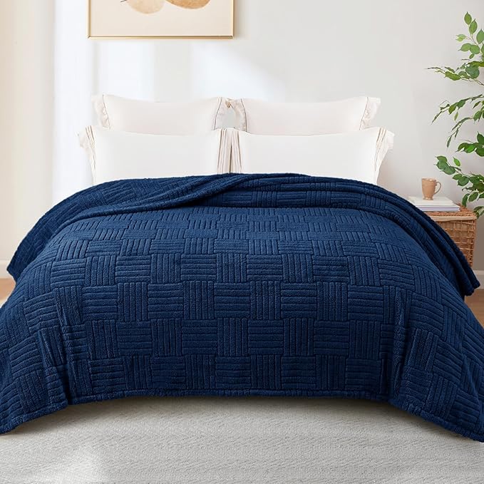 Whale Flotilla Lightweight Fleece King Size Blanket for Bed, Fuzzy Soft Blankets with Decorative Jacquard Pattern for All Season, Warm and Fluffy, 90x104 Inch, Navy Blue