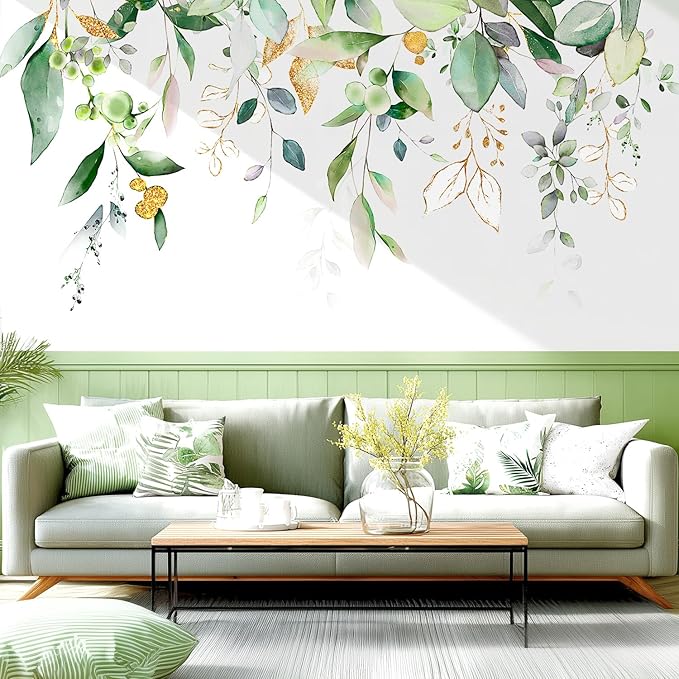 Green Plants Leaves Wall Decals Peel and Stick, Large Hanging Herbal Vinyl Wall Stickers, Removable Vine Home Decor Art for Bedroom Living Room Classroom Office