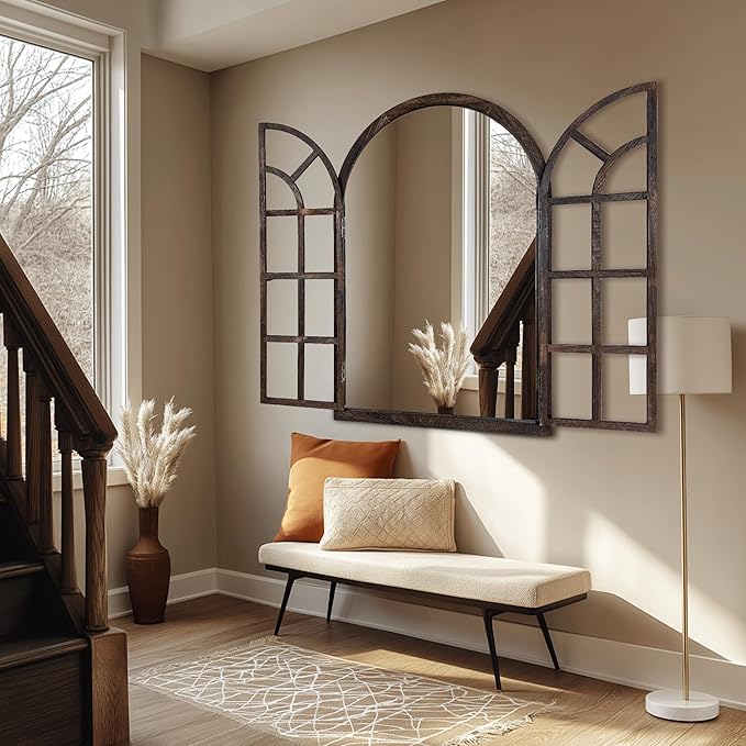 Arched Wall Mirror with Window Pane Design 36 x 24 Inch Rustic Farmhouse Wood Decorative Mirror for Living Room Bedroom Entryway