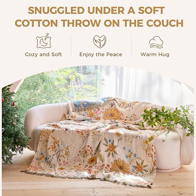Boho Throw Blanket for Bed Cotton Spring Blankets Twin Size for Bedroom Living Room All Season Lightweight Floral Embroidery Reversible Quilt for Couch Sofa Chair 60"x80" Home Decor