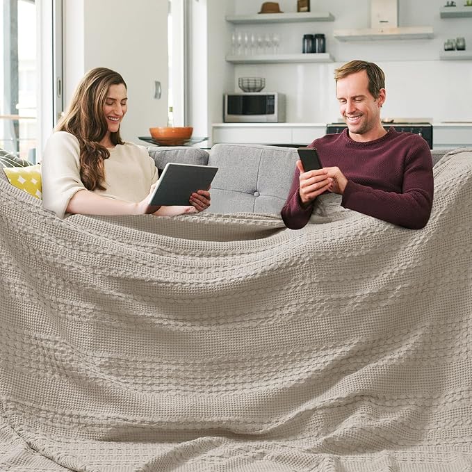 PHF 100% Cotton Waffle Blanket Oversized King 120"x120", Lightweight Breathable Extra Large 10'x10' Blankets for Bed, Giant Big Luxury Aesthetic Woven Bedding for Home Decor, Pearl Gray
