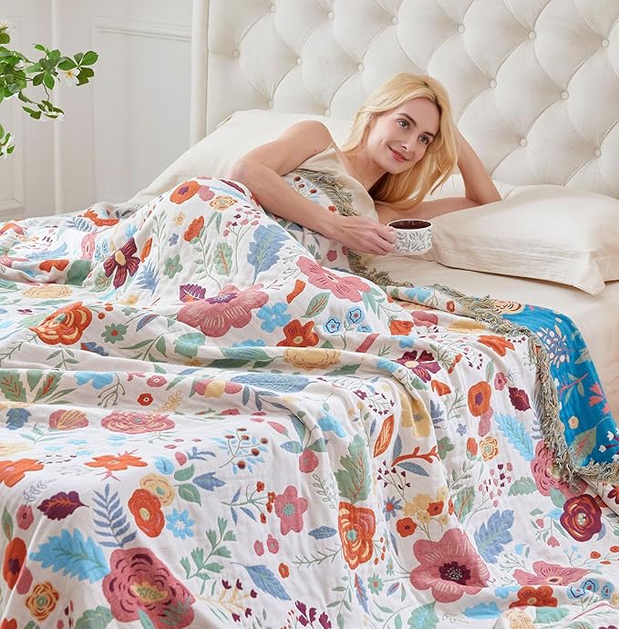 Boho Throw Blanket - 100% Cotton Soft Breathable Throw Spring Blankets, 50"x60" 4-Layer Lightweight Muslin Cotton Quilt, Floral Printed Bohemian Decor Throw Blankets for All Season