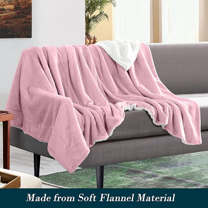 Mocassi Premium Ultra-Soft Velvet Touch Flannel Fleece Sherpa Throw - Warm Cozy Reversible Plush Micromink Throw Blanket for Couch, Bed and Sofa - Fluffy, Christmas Winter Bedding Gift, Light Pink