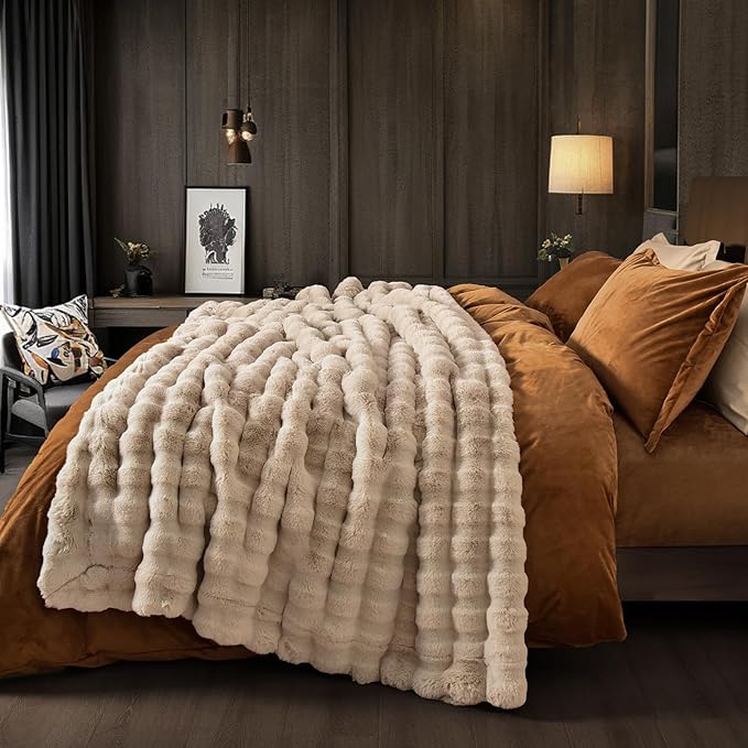 PHF Luxury Faux Rabbit Fur Blanket Twin Size, Ultra Soft Fluffy Plush Cozy Warm Bubble Blanket for Bed, Couch, Chair, Sofa Decorative, Thick Reversible Suitable for Fall & Winter, 60" x 80", Oak