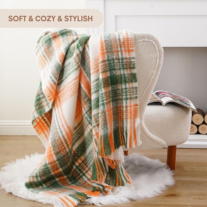 BATTILO Green Plaid Throw Blanket for Couch, Fall Mohair Tartan Plaid Blanket, Farmhouse Style Orange Throw Blankets for Home Decor(50"x60")