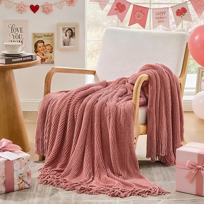 inhand Coral Pink Chunky Chenille Throw Blanket for Couch Bed, Mothers Day/Mom Birthday Gifts for Mom from Daughter Son,Soft Boho Knitted Blanket,Cozy Decor for Living Room,50"x60",Medium Thick