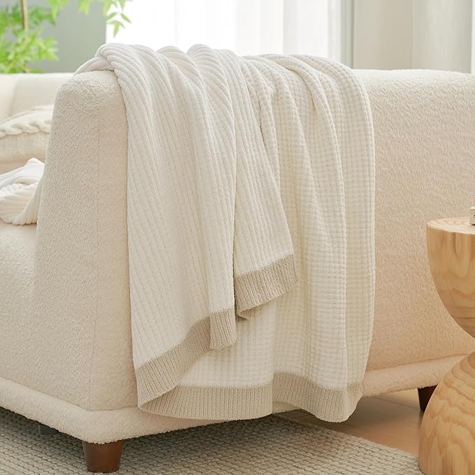 Amélie Home Waffle Throw Blanket for Couch, Soft Cozy Chenille Knit Blanket Warm Decorative Throw for Sofa,50"x60", Ivory